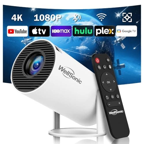 WellSonic Mini Projector Support 4K, 200 Ansi Outdoor & Home Movie Portable Projector with Wifi6 and 5.0 Bluetooth, Automatic Keystone Correction, 180°Rotatable, Compatible with HDMI USB PC Laptop