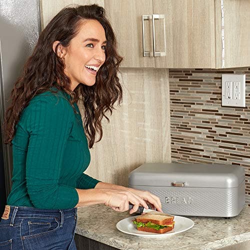 Soho Bread Box For Kitchen Countertop, Metal, (Grey) | By Home Basics, Vented With Hinge Top | Large Bread Box | Keeps Loaves, Bagels, Croissants Fresh 5