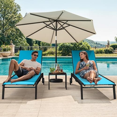 DWVO Outdoor Chaise Lounge Set, 2 Patio Chaise Lounge Chairs with Side Table, Textile Pool Loungers with 5-Level Backrest and Wheels for Beach, Lawn, Porch, Garden (Blue) 3