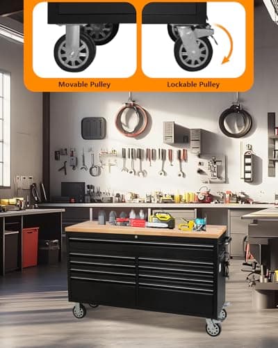 61-Inch Heavy-Duty Rolling Tool Chest & Mobile Workbench with 9 Drawers, Rubber Wood Tabletop, Key Locking System and Drawer Liners, Steel Storage Cabinet for Garage, Workshop, Warehouse Repair 5