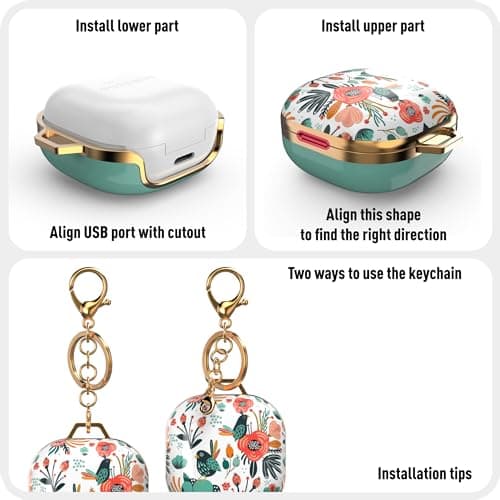 wenew Case Cover for Galaxy Buds 2/ Galaxy Buds Pro/Galaxy Buds Live, Cute Patterns Hard Shell with Key Chain Clip for Girls Kids Women Men (Mint) 5