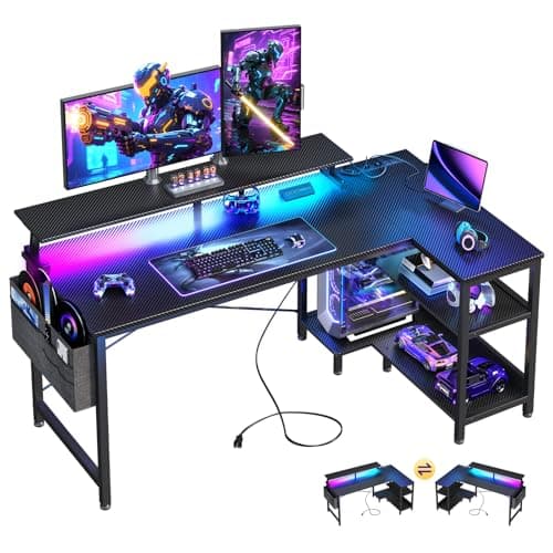 ODK 48 Inch Gaming Desk with USB Charging Ports and LED Lights, Reversible L Shaped Computer Desk with Storage Shelves & Monitor Stand, Corner Gamer Desk Table with Power Outlets, Black