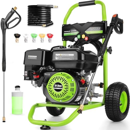 Professional 4200PSI 4GPM 212CC Gas Pressure Washer, 7.0 HP Commercial Gas Power Washer with 1L Foam Bottle 9" Wheels 5 Nozzles 25FT Hose for Home Car Fence Driveway (EPA/CARB/ETL Compliant), Green