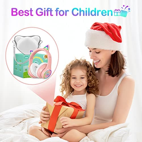 LOBKIN Bluetooth 5.4 Kids Headphones with Case - RGB LED Light Up Cat Ears Foldable Adjustable Over Ear Headphone Support Wireless or 3.5mm Wired Mode for Toddler & Girls & Boys Teens 6