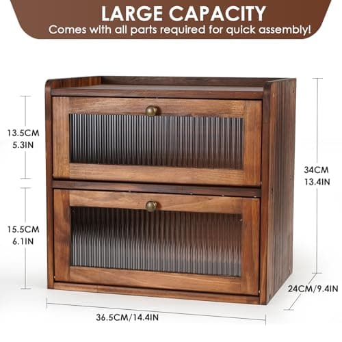 Sunhoo Bread Box for Kitchen Countertop Wooden Bread Storage Container Bin 2 Layer Breadbox Holder Large Capacity Keeper Vintage Farmhouse Food Organizer Pantry Shelf Acrylic Window (Brown) 5