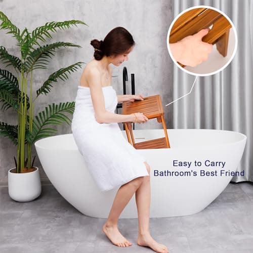 14" Compact Teak Shower Stool with Shelf & Handle - Waterproof, Non-Slip Bath Bench for Small Bathrooms/Tub/Outdoor Use, 300 lbs Capacity (Patented) 5