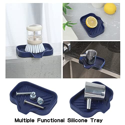 MicoYang Silicone Bathroom Soap Dishes with Drain Spout-Kitchen Sink Organizer,Sponge Holder,Dish Soap Tray,Perfect for Dispenser,Scrubber,Bottle,Cup on Sink or Counter-Navy Blue 4.9"×3.2" 5