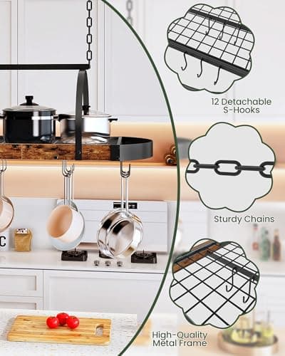 CHOEZON Hanging Pot Rack, Pot Hanger for Kitchen, Ceiling Mounted Pot Holder, Cookware Organizer with 12 S-Shaped Hooks, for Pot, Pan Storage, Space-Saving, Rustic Brown and Black TPR08BFC1 5