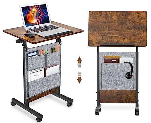 KOUPA Height Adjustable Standing Desk with Storage Bag widths16 in Length 24 in, Portable Rolling Mobile Stand Up Table with Wheels, 360 Degree Flip Laptop Computer Desk for Home Office, Rustic Brown