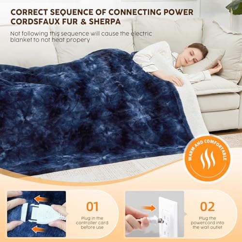 HYLEORY Faux Fur Heated Throw BlanketElectric - Soft Thick Flannel Heating Blanket with 5 Heat Levels & Auto-Off 3 Hrs, Heavy Fluffy Warm Bed Blankets for Winter, 50''x60'', Navy 6