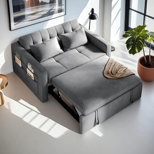 YITAHOME 55" Convertible Sofa Bed, Velvet Sleeper Sofa with Pull-Out Bed, 3-in-1 Futon Couch with Reclining Backrest and Side Pocket, Modern Loveseat for Living Room, Grey, Full Size