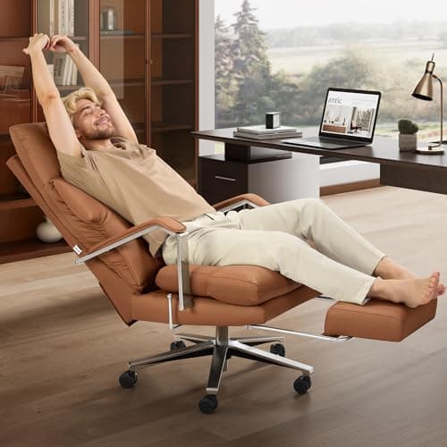 OKUP M76 160° Reclining Office Chair with Footrest, 10" Thick Cloud Cushion Executive Desk Chair, Extra Wide Cross-Legged Ergonomic Chair for Big and Tall, Adjustable Seat Depth, Easy Assembly, Brown