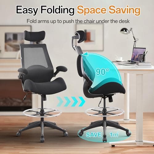 BOLISS Drafting Office Chair 400lbs High Back Wide Standing Desk Chair Comfortable with Flip up Armrests Lumbar Support Adjustable Big Footrest Ring(Black) 6