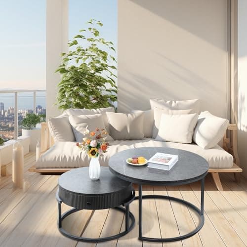 Round Nesting Coffee Tables Set: Gray Marble End Tables Set of 2 - Modern Metal Stacking Side Tables for Living Room Small Spaces