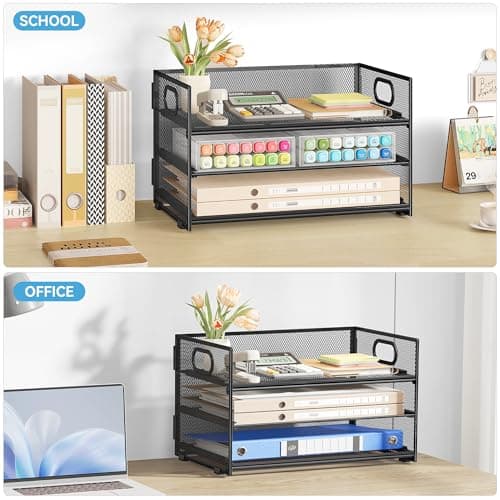 Subekyu 3 Tier Paper Letter Tray Organizer for Desk, Black Metal Mesh Desk File Folder Sorter Organizer with Handle and Sliding Tray for Home, Office, School Supplies Organization Storage 7