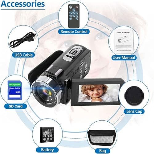 OLESIT Camcorder Video Camera 1080P Full HD 48MP Camcorder for YouTube 3.0 Inch IPS Screen Vlogging Camera 16X Digital Camera Video Recorder with Remote Control, 32G SD Card and Battery 7