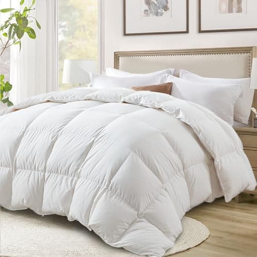 Globon Ultra-Soft Down Feather Comforter Queen Size,Luxurious Fluffy Hotel Collection Duvet Insert for All Season,Noiseless Shell,700 Filling Power,Medium Weight with Corner Tabs, White…