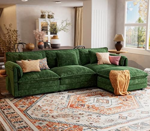 ELUCHANG 113" Modular Sectional Sofa, Comfy Cloud Couch, L Shaped Deep Seat Sofa Couches for Living Room, 4-Seater Modern Sofa with Movable Ottoman, DIY Combination - Chenille Green