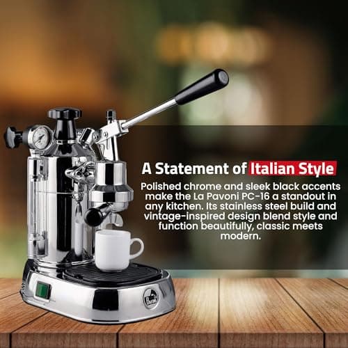La Pavoni PC-16 Professional Espresso Machine - 16-Cup Capacity Lever Espresso Maker - Chrome Finish- Solid Brass 38oz Boiler - Dual Frothing Systems & Mounted Pressure Gauge - Made in Italy 6