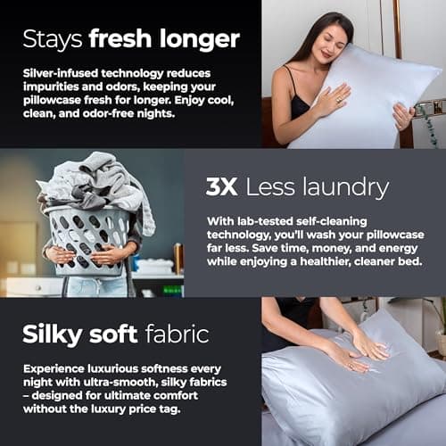 Silver Infused Satin Pillowcases Set – 2 Pack Silky Soft Cooling Pillow Cases with Self-Cleaning Silvery Technology™ for Hygienic Sleep – Better Than Silk for Hair and Skin, Size Queen 20x30” 6