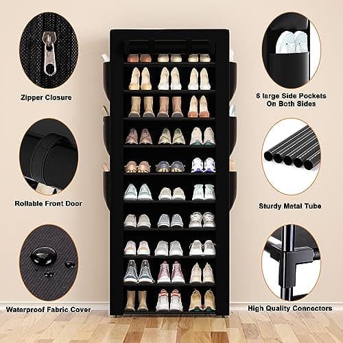 OYREL Large Shoe Rack, Black, 6 Side Pockets, 23.6" Wide x 11.4" Deep x 68.9" Tall, 36-41 Pairs of Shoes 8