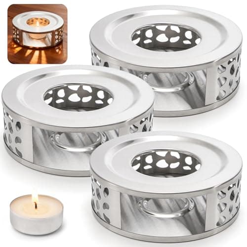 Coloch 3 Pack Teapot Warmer, Stainless Steel Tea Warmer with Tealight Candle Holder Brushed Metal Teapot Heater Tea Kettle Warmer Base for Most Teapots, Silver
