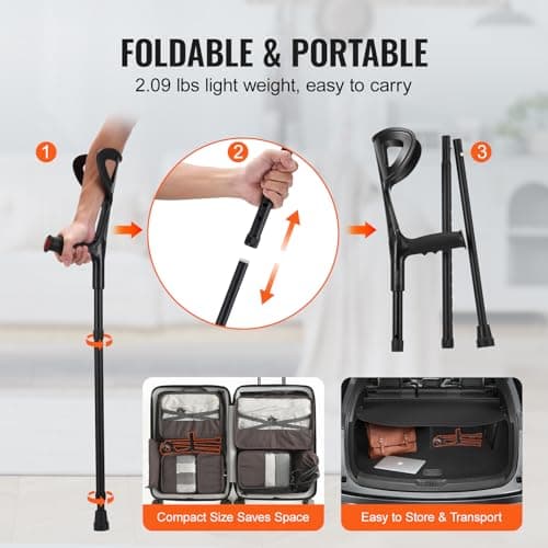 VEVOR Forearm Crutches for Adults, Folding Walking Forearm Crutches with 10-Level Adjustable Height, Lightweight Aluminum Medical Crutches with Open Cuff for Leg Injury Surgery Disabled, 1 Pair 350LBS 6