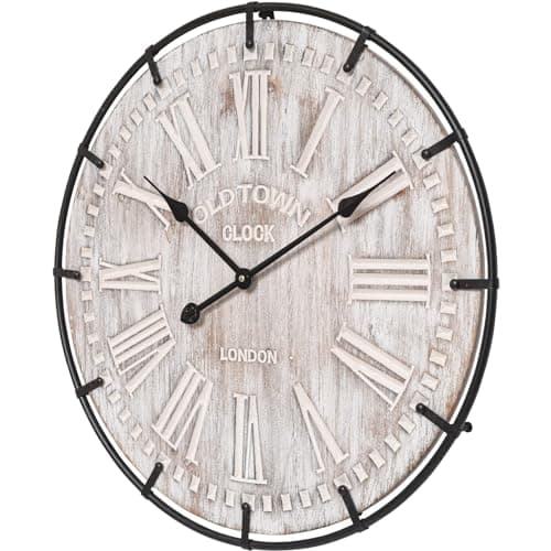 EMAX HOME 24 Inch Large Farmhouse Wall Clock, Rustic Antique Wood with Metal Circle and Large Engraved Numerals, Silent Battery Operated Wall Clock for Office Kitchen Bedroom Living Room 8