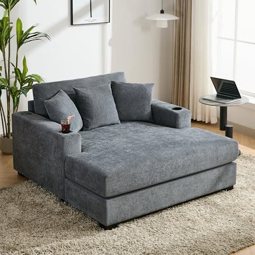 Modern 55" Indoor Oversized Chaise Lounger, Chenille Fabric Sleeper Sofa Couch with Pillows, Charge Station & Cup Holders,Suitable to Living Room,Bedroom and Office (Blue-gray/55)