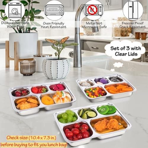 Stainless Steel Snack Containers with Plastic Lids - 3 Pack - 5 Compartments Bento Snack Boxes - Large Reusable Meal Prep for Kids Adult - Divided Food Storage Container for School, Lunch, Home Travel 7