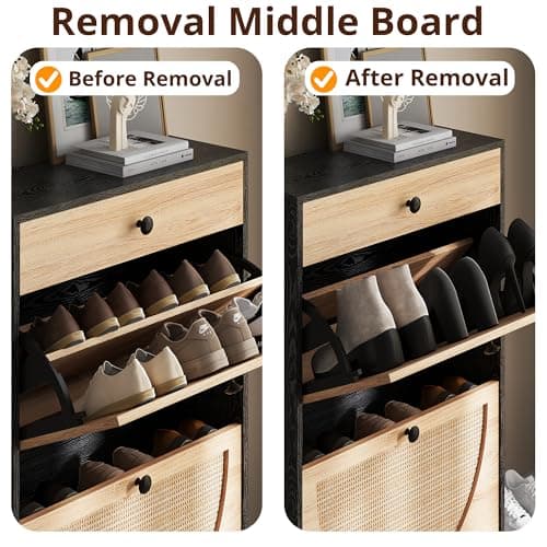 IRONCK Shoe Cabinet with 2 Flip Drawers, Shoe Storage Cabinet for Entryway, Free Standing Shoe Storage Organizer with Rattan Doors Slim Narrow Shoe Rack Cabinet, Black 5