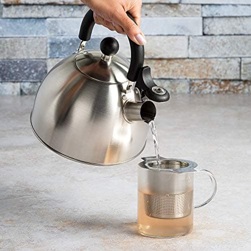 Primula Stewart Whistling Stovetop Tea Kettle Food Grade Stainless Steel, Hot Water Fast to Boil, Cool Touch Folding, 1.5-Quart, Brushed with Black Handle 10