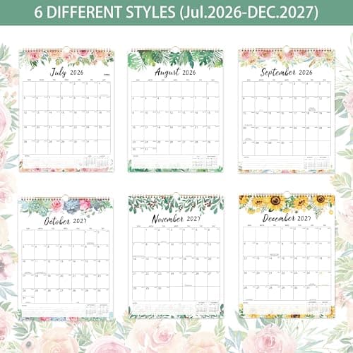 2026-2027 Wall Calendar - July 2026 - December 2027, 2026-2027 Calendar, 18 Months Calendar with Julian Date, 11.4" x 14.5", Premium Paper, Twin-Wire Binding, Floral 5