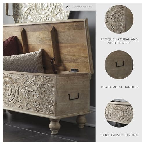 Signature Design by Ashley Fossile Ridge Boho Carved Wood Storage Bench with Hinge Top, Beige 4