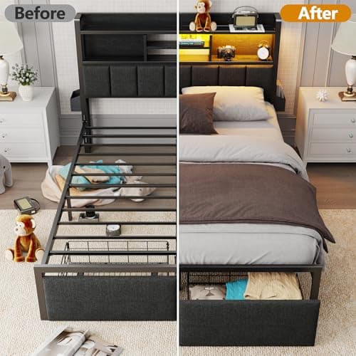 Furnulem Queen Bed Frame with Storage Drawers, Upholstered Headboard with LED Light & Charging Station, Metal Platform Bed Frame Queen Size, Noise Free, No Box Spring Needed, Black (1200 lbs Capacity) 7
