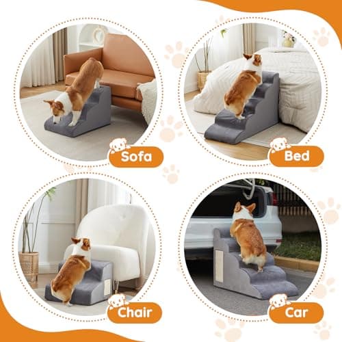 Dog Stairs for Small Dogs, 4-Step Dog Ramp for Bed 19.7" H, Dogs Steps for Bed, Couch, Pet Stairs with Non-Slip Bottom Design, Cat Scratching, High Density Foam Portable Pet Steps, Indoor, Grey 6