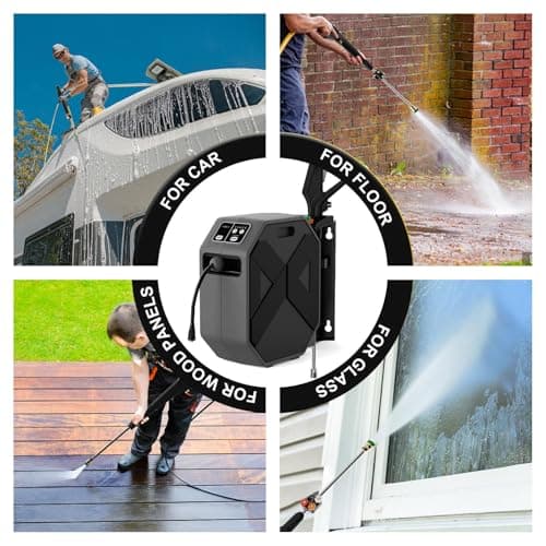 DECOKTOOL Wall Mounted Pressure Washer - 5000 PSI, 3.6 GPM Electric Power Washer with 100FT Retractable Hose, 5-Stage Adjustable Pressure, Foam Cannon & 5 Nozzles for Car, Lane, Patio Cleaning, Dark 4