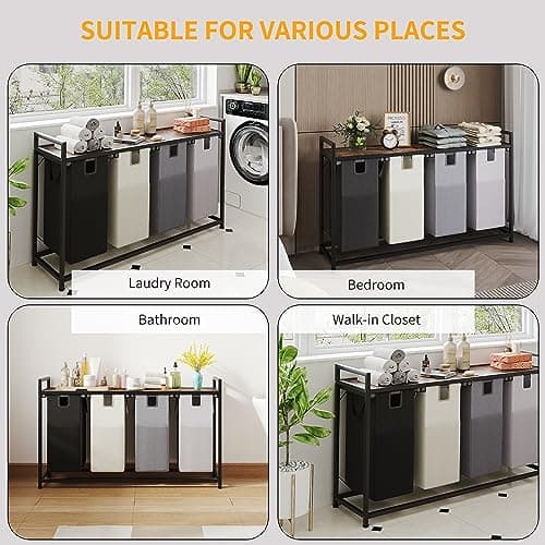LIVEHOM Laundry Basket Four Laundry Hamper with Removable Bags, Fabric Handles, Large Top Shelf and Laundry Bag for Bathroom, Dorm, Laundry Room 5
