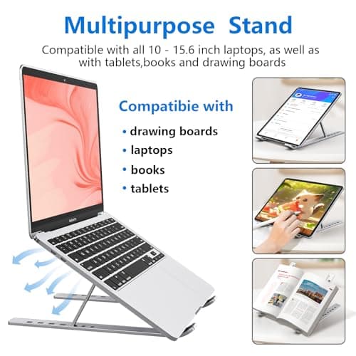Sopholid Laptop Stand for Desk, Aluminum Metal MacBook Stand，Computer Riser for Desk, Portable Foldable Adjustable Notebook Holder, Compatible with 10-15.6 Inch Laptops, iPad, Silver. 6