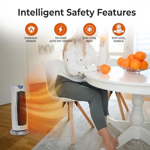 Comfort Zone 1500W Oscillating Ceramic Tower Space Heater – Portable Electric Heater, Digital Display, Remote Control, 80° Oscillation & 12H Timer – Tip-Over & Overheat Protection for Home & Bedroom 4