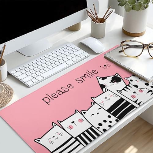 Please Smile Pink Cat Gaming Mouse Pad 31.5×11.8 Inch with Stitched Edges Extended Waterproof Desk Pads Non-Slip Rubber Base Large Keyboard Mat Computer Gaming Mousepad for Work/Office/Home 9