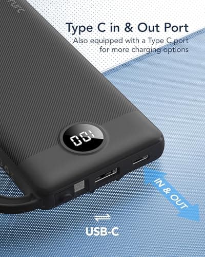 VRURC Portable Charger with Built in Cables, Slim Power Bank 10000mAh, USB C Travel Battery Pack, 5 Output 2 Input External Charging Bank for iPhone 17 16 15 14 13,Samsung,Android-Black(1 Pack) 6