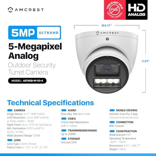 Amcrest Analog 5MP NightColor Outdoor Security Camera, Turret 5MP @ 25fps, CCTV-Coax-BNC, 131ft Full Color Night Vision, Mic, 132° FOV (Not an IP Camera) (DVR Required, Not Included) (AT5N28-W-V3) 8