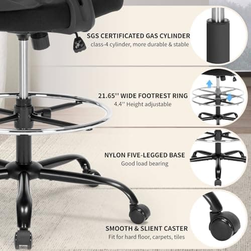 Drafting Chair, Ergonomic Standing Desk Chair with Flip-up Armrests, Tall Office Chair for Standing Desk, Counter Height Office Chairs with Footrest and Adjustable Lumbar Support 7