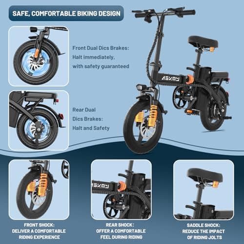 Askmy Foldable Electric Bike for Adults and Teens, 750W Peak Motor Ebike, 14" Folding E-Bike with 20 MPH, 30-35 Miles PAS Range, Electric Bicycle with 48V Removable Battery (Black) 6