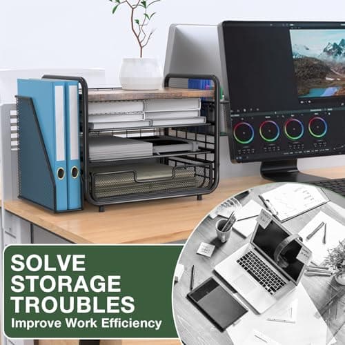 2025 New Large Capacity Desk Organizer with Drawer, Wooden 4-Tier Paper Organizer Letter Tray with File Holder and Pen Holders, Wooden Desk Accessories for A4 Paper Work Folder Storage (Style1) 6