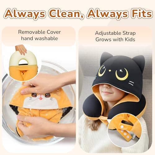 Certified to ASTM & CPSIA Standards–Kids Travel Neck Pillow with Hood,Memory Foam Airplane Pillow,Double-Sided, Cute Design, Cooling Ice Silk & Soft Plush, Adjustable, Portable & Washable for Flights 8