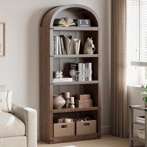 GarveeHome Bookcase 5 Shelf Arched Bookshelf 71.65in Tall Bookcase Farmhouse Display Storage Rack Wooden Bookshelves for Home Office, Living Room (Brown)