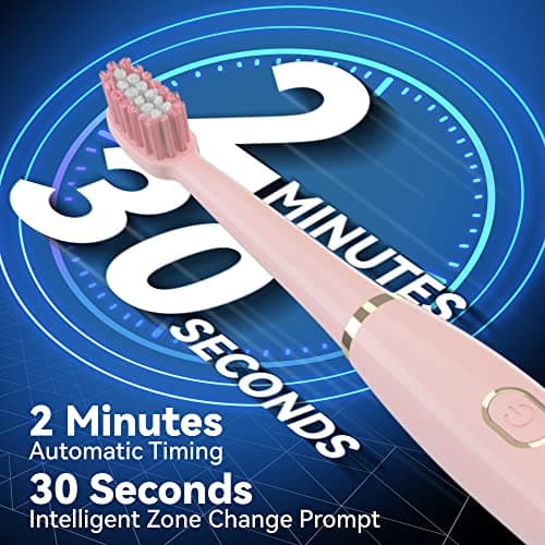 7AM2M Sonic Electric Toothbrush for Adults and Kids- High Power Rechargeable Toothbrushes with 8 Brush Heads,5 Adjustable Modes, Built-in 2-Minute Smart Timer,4 Hours Fast Charge for 30 Days(Pink) 7