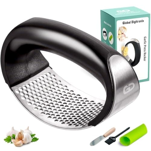 Garlic press rocker, crusher, mincer tool stainless steel with a Garlic Peeler, spatula, and Brush extract more Garlic Paste. The Garlic Mincer Tool Squeezes, Extracts, Crushes
